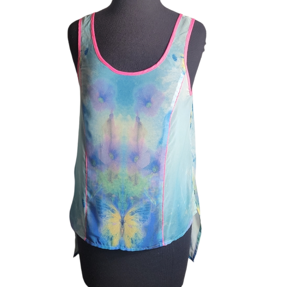 Decree scoop neck high low semi sheer tie dye top size medium